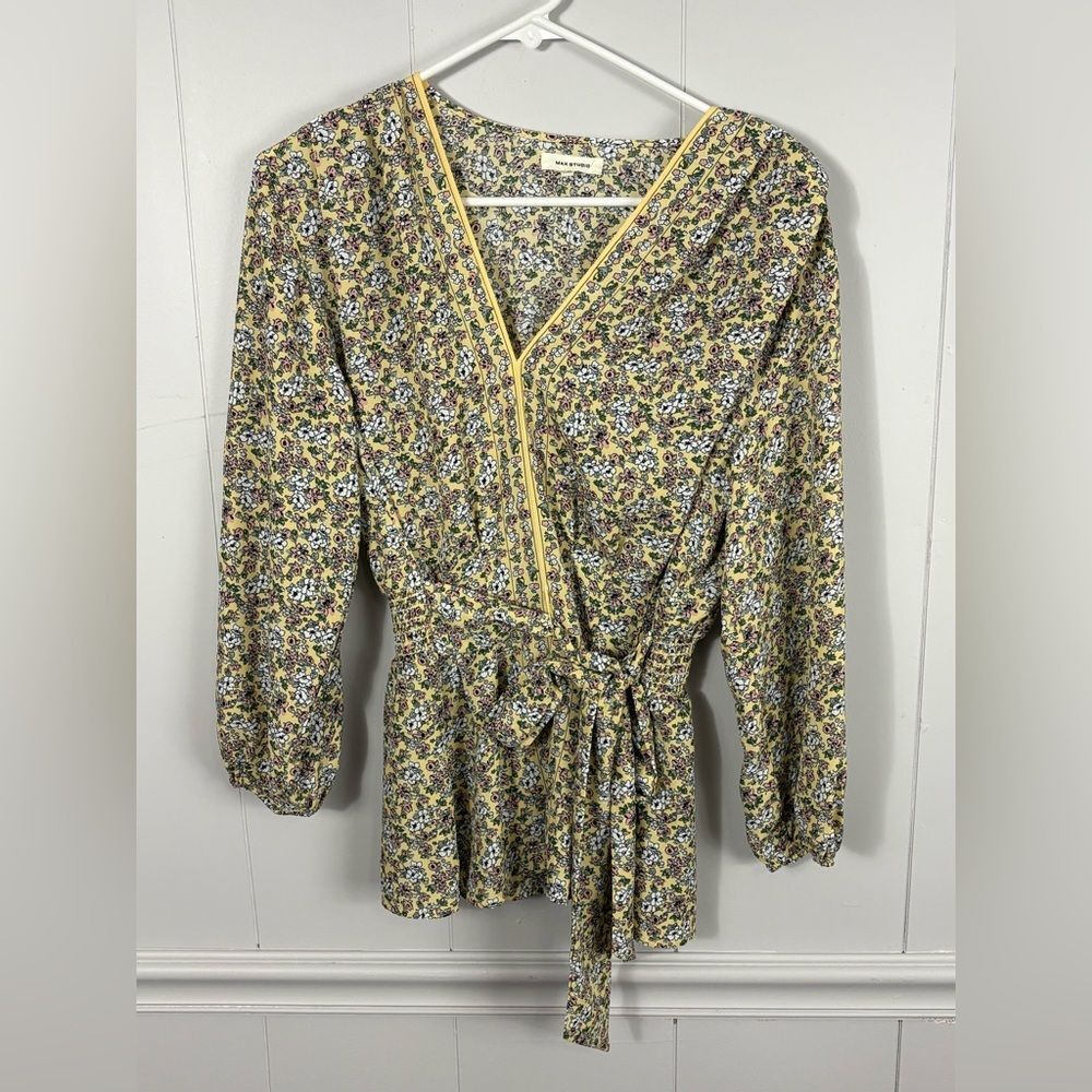 Max Studio Yellow Floral V-neck Balloon Sleeve Smocked Waist Tie Blouse Large